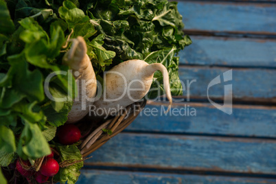 High angle view of vegetables in wicker basket