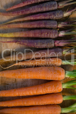 Overhead view of maroon and orange carrots