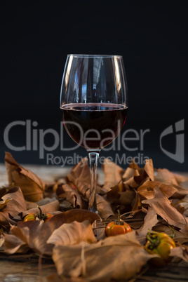 Wineglass glass amidst dry leaves