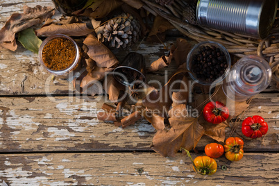 Overhead view of spice by container