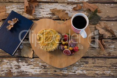 Overhead view of food with coffee cup on wooden tray