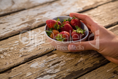 Cropped hand holding bowl containing strawberries