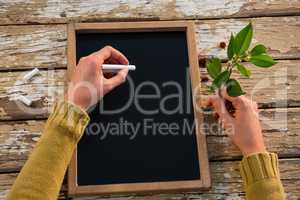 Cropped hand of woman writing on slate