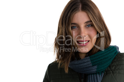 Close up portrait of smiling woman wearing scarf