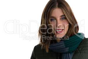 Close up portrait of smiling woman wearing scarf