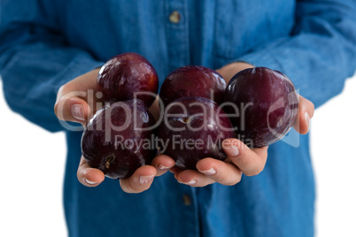 Mid section of woman holding plums