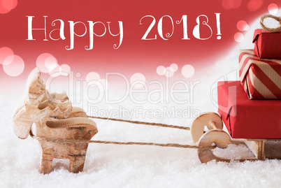 Reindeer With Sled, Red Background, Text Happy 2018