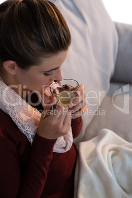 High angle view of woman having lemon tea