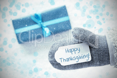 Turquoise Gift, Glove, Text Happy Thanksgiving, Snowflakes