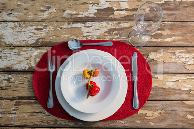 Overhead view of tomatoes served in plate