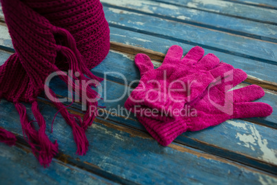 High angle view of pink muffler with gloves