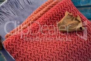High angle view of dry leaf on sweater
