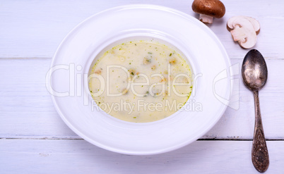 Mushroom soup in a white round plate