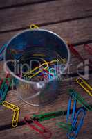 High angle view of colorful paper clips