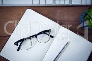 Overhead view of diary with pen and eyeglasses