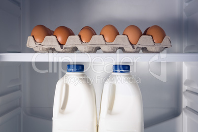 Egg carton and milk bottles in refrigerator
