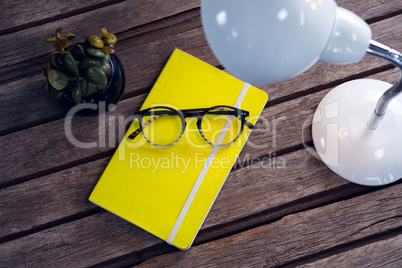 Diary, spectacles, pot plant and table lamp on wooden table