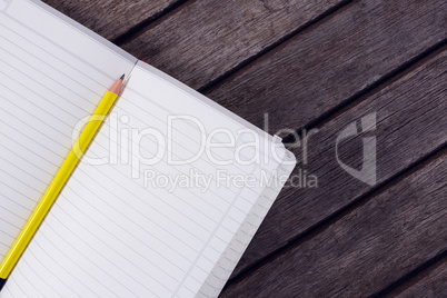 Overhead of pencil on open diary