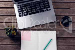 Laptop, diary, pot plant and cup of coffee on wooden table