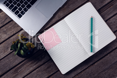 Laptop, diary and pot plant on wooden table