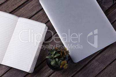 Laptop, diary and pot plant on wooden table