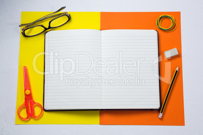 Various stationery arranged on white background