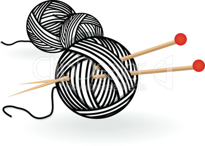 Hand drawn sketch yarn ball with needles for knitting. Vector black and white vintage illustration