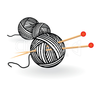 Hand drawn sketch yarn ball with needles for knitting. Vector black and white vintage illustration