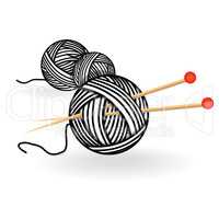 Hand drawn sketch yarn ball with needles for knitting. Vector black and white vintage illustration