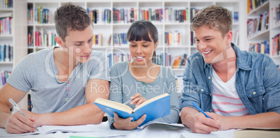 Composite image of two students getting help from a female student