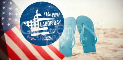 Composite image of digital composite image of happy labor day text on blue poster