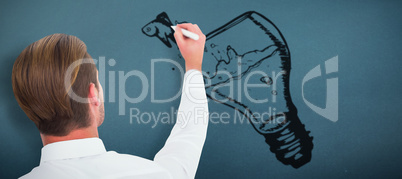 Composite image of rear view of businessman writing with marker