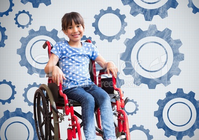 Disabled girl in wheelchair with settings cog gears