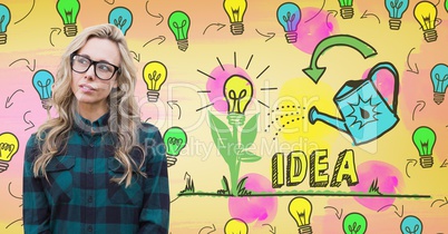 Hipster woman with colorful idea light bulbs graphics