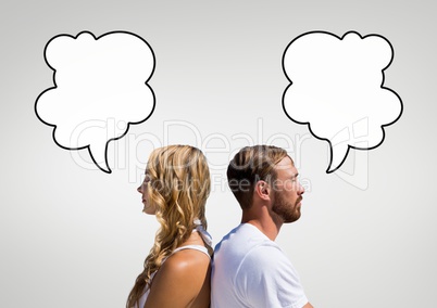 Couple with speech bubbles against grey background