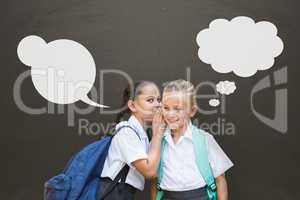 Student girls with speech bubbles whispering against grey background