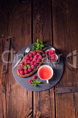 Delicious raspberry chocolate tart with ricotta cheese