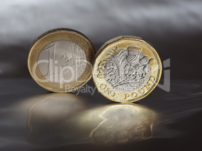 1 pound and 1 euro coin over metal background