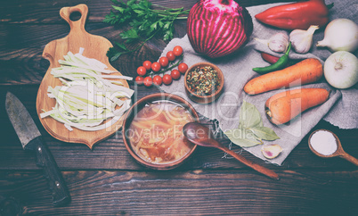 Ukrainian borsch in a round brown plate