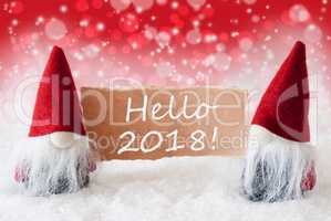 Red Christmassy Gnomes With Card, Text Hello 2018
