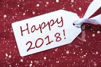 One Label On Red Background, Snowflakes, Text Happy 2018