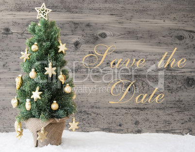 Golden Decorated Christmas Tree, Text Save The Date