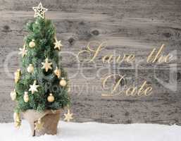 Golden Decorated Christmas Tree, Text Save The Date