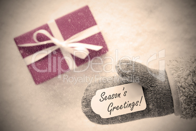 Pink Gift, Glove, Text Seasons Greetings, Instagram Filter