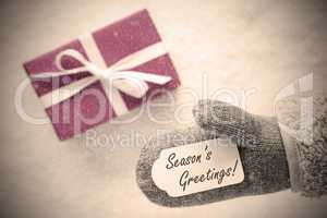 Pink Gift, Glove, Text Seasons Greetings, Instagram Filter
