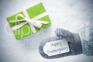 Green Gift, Glove, Text Happy Thanksgiving, Snowflakes
