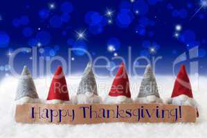 Gnomes, Blue Background, Bokeh, Stars, Text Happy Thanksgiving