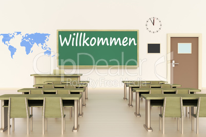 Empty classroom, 3d illustration, welcome