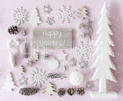 Christmas Decoration, Flat Lay, Text Happy Holidays, Snowflakes