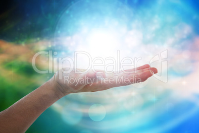 Composite image of hand of man pretending to hold an invisible object